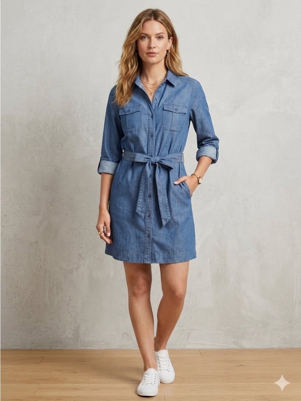 LOFT Chambray Belted Shirtdress Women’s M Denim Look Tie Waist Long Sleeve